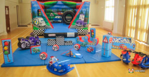 automobile themed soft play and matching bouncy castle